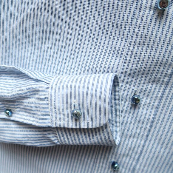 Off-White Virgil Abloh Blue Striped Long Sleeve Button-Up Shirt Graphic Back S - Picture 15 of 16